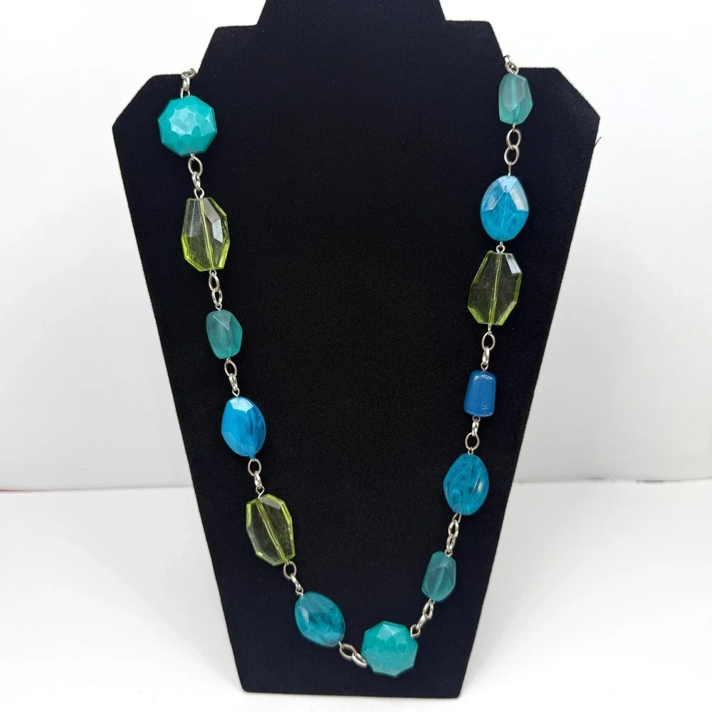 Chunky Acrylic Beaded Statement Necklace and Bracelet Set Blue Green Jewelry